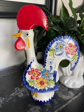 Hand-Painted Ceramic Rooster Sculpture - White with Red & Blue Floral Accent